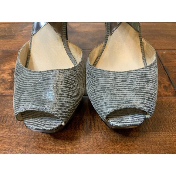 Michael Kors Gray Leather Snakeskin Stiletto Heels Open Toe Buckled, Size 10 - Picture 3 of 9